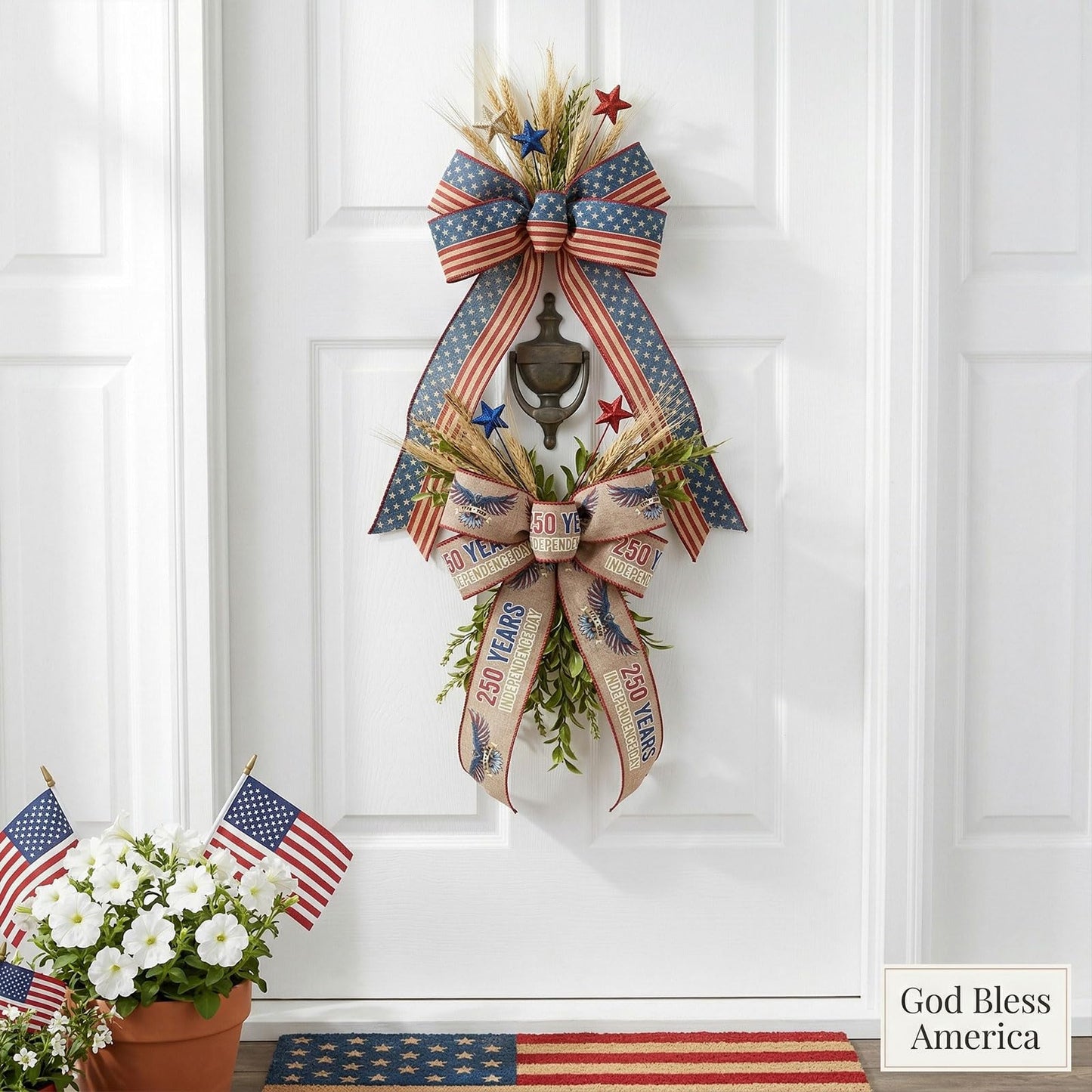 Bllavie 2 Rolls USA 250th Anniversary Ribbons for Wreath Bows Gifts, Red Blue Star Burlap Ribbons Patriotic Ribbon 4th of July Memorial Day Ribbon Bow for Gift Wrapping DIY Crafts Wreath Decor