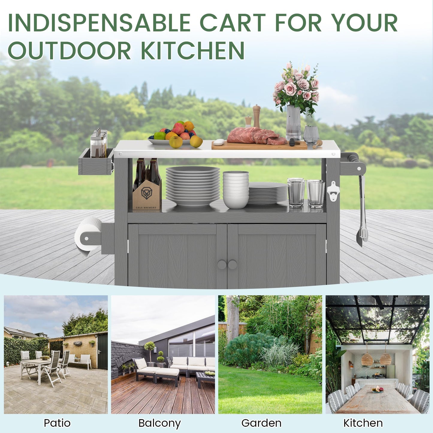 Sunnibety Weatherproof HIPS Outdoor Kitchen Island with Stainless Steel Top & Storage Cabinet, Movable Prep Table with Wheels for BBQ Food Prep, Outdoor Grill Cart for Parties, Grey