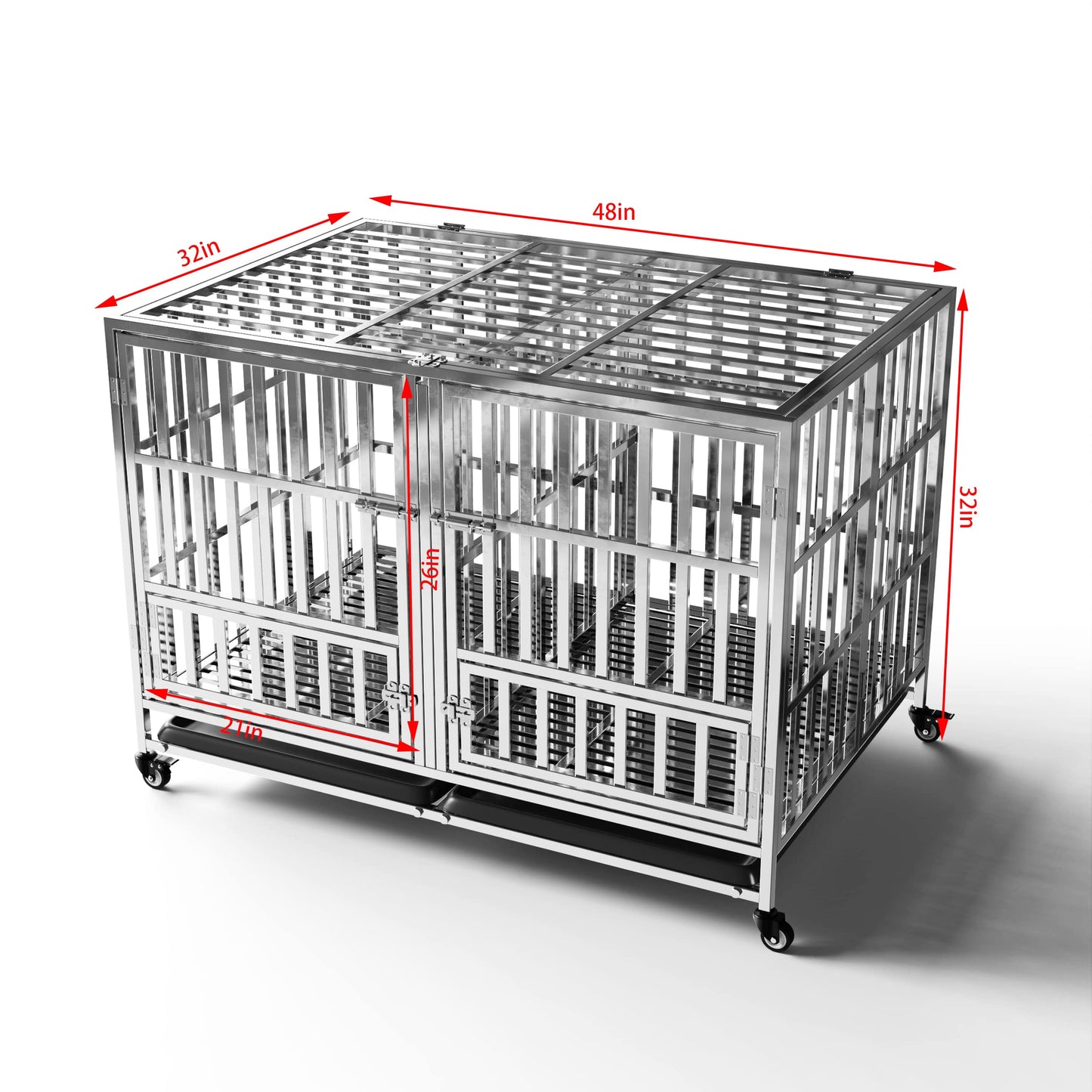FoQualy Collapsible Stainless Steel Dog Crate, 30" 37" 42" 48" Sizes, Lockable Wheel, with Tray, Stackable, Heavy Duty, Divider, Indoor and Outdoor (48insm)