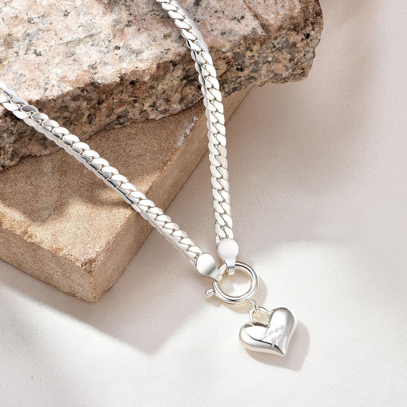 NUZON Love Heart Pendant Necklace for Women Silver Plated Thick Flat Herringbone Snake Chain Choker Engraving “Love You” Charm Sailor Lock Layering Jewelry 16’’
