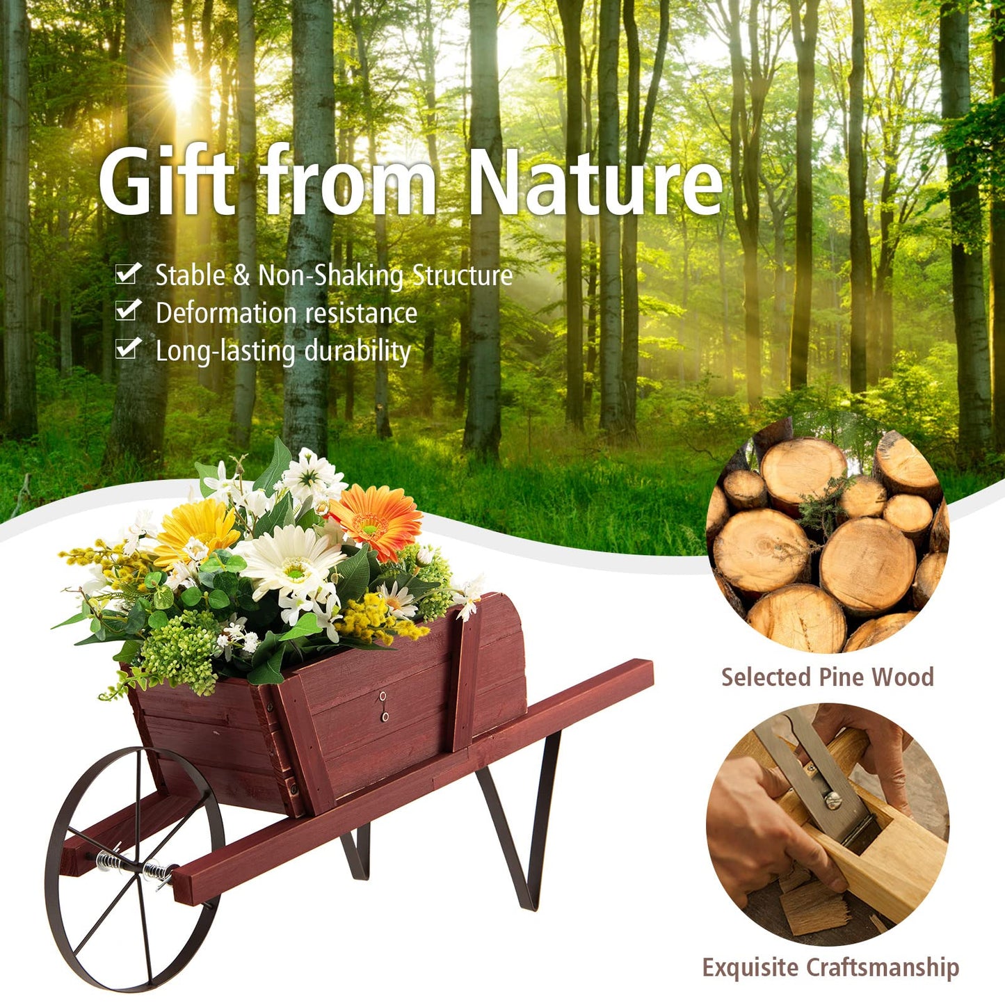 CHEFJOY Wooden Wagon Planter, 27.5"x10.5"x11.5" Wheelbarrow Cart Plant Pot with Halloween Decoration & Metal Supports, Single Wheel Movable Garden Flower Cart Planter for Yard, Backyard (Red)
