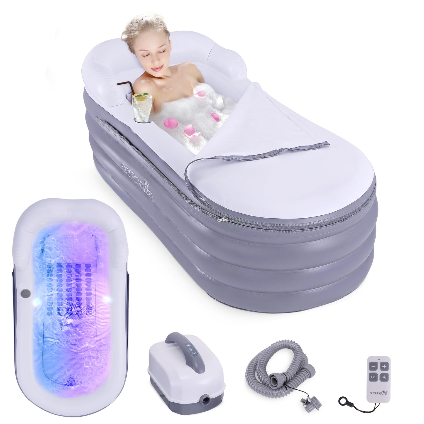 SereneLife Spa Bathtub with Bubble Massage Mat – Inflatable Bathtub with Pillow, Cup Holder, Remote Control for LED Lighting, Backrest and Armrests, Supporting Up To 190 lbs. 66" x 30" x 26"