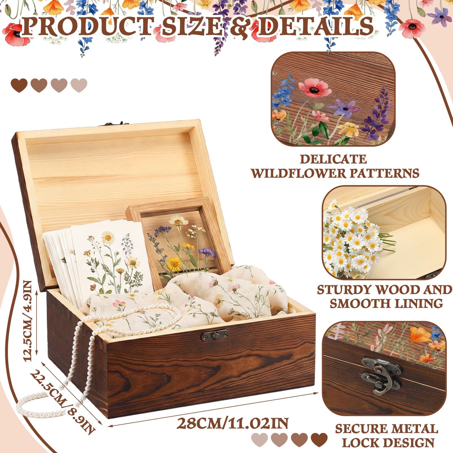 Gerrii Wildflower Wooden Keepsake Box Wedding Baby Shower Spring Flower Memory Storage Box with Buckle for Birthday Baby in Bloom Party(Wildflower Mix,Brown,11.02 x 8.86 x 4.92 Inches)
