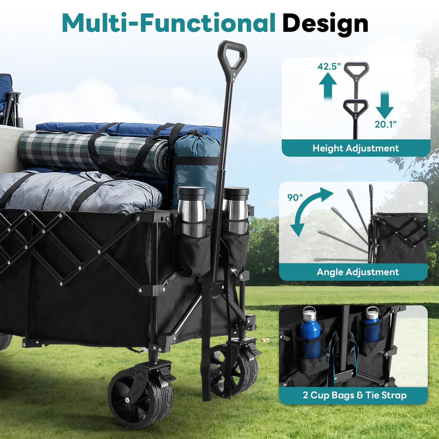 OLIXIS Collapsible Wagon Cart - 440lbs Foldable Extra Long Heavy Duty Utility Wagon with Wheels, Portable Storage Grocery Cart for Camping, Shopping, Sports, Beach, Garden (Black, 48" L)