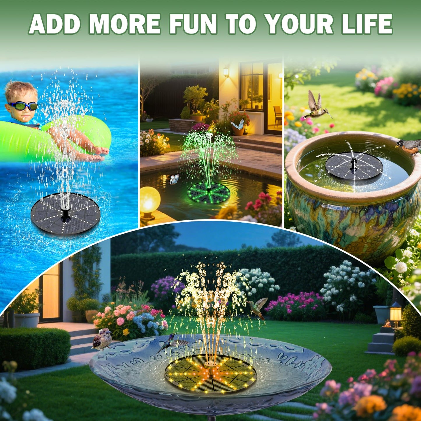 Yzert Upgraded Solar Fountain Bird Bath with 60 LED Lights, Solar Powered Water Fountain Pump with 4000mAh Battery 7 Nozzles 4 Fixers, for Garden Patio Pond Birdbath Pool