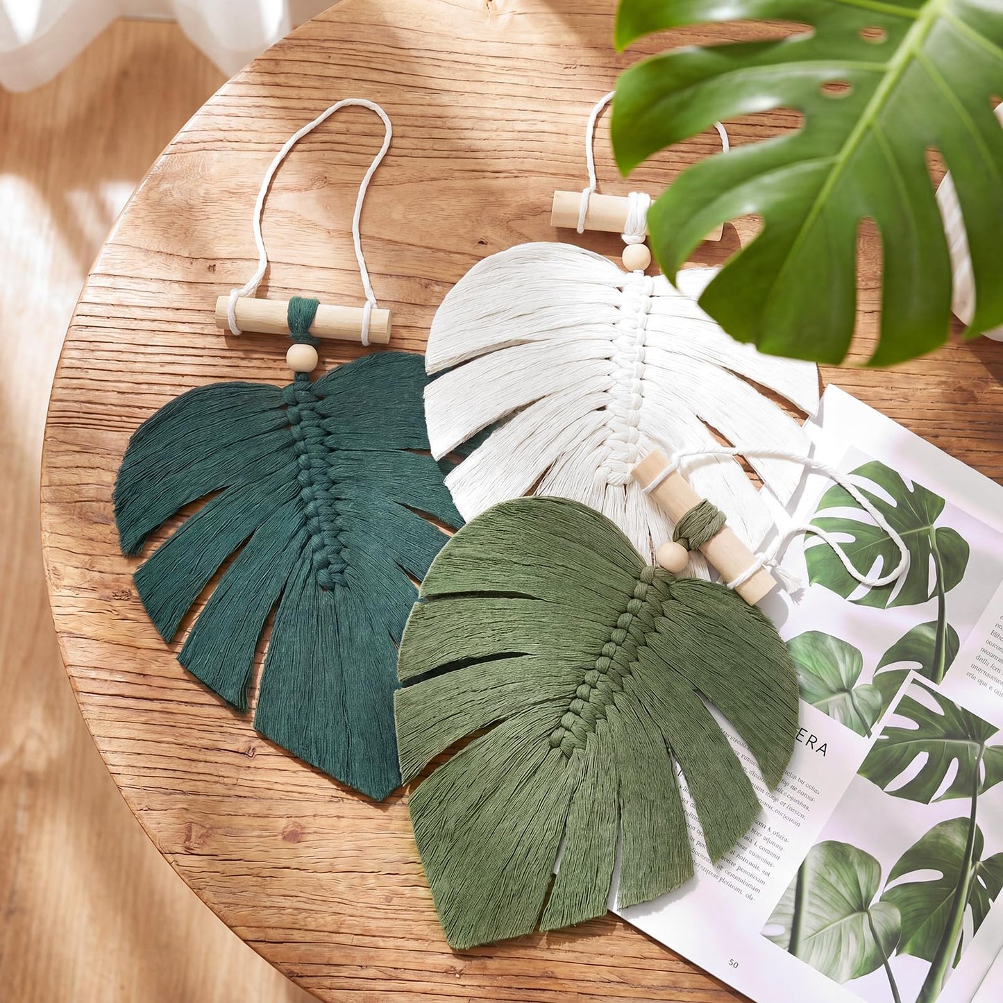 Hoteam 3 Pcs Monstera Leaves Macrame Wall Hanging Handmade Bohemian Sage Green Large Leaf Woven Wall Tapestry Wooden Bead Hanging Ornament for Nursery Bedroom Living Room Apartment Home Backdrop
