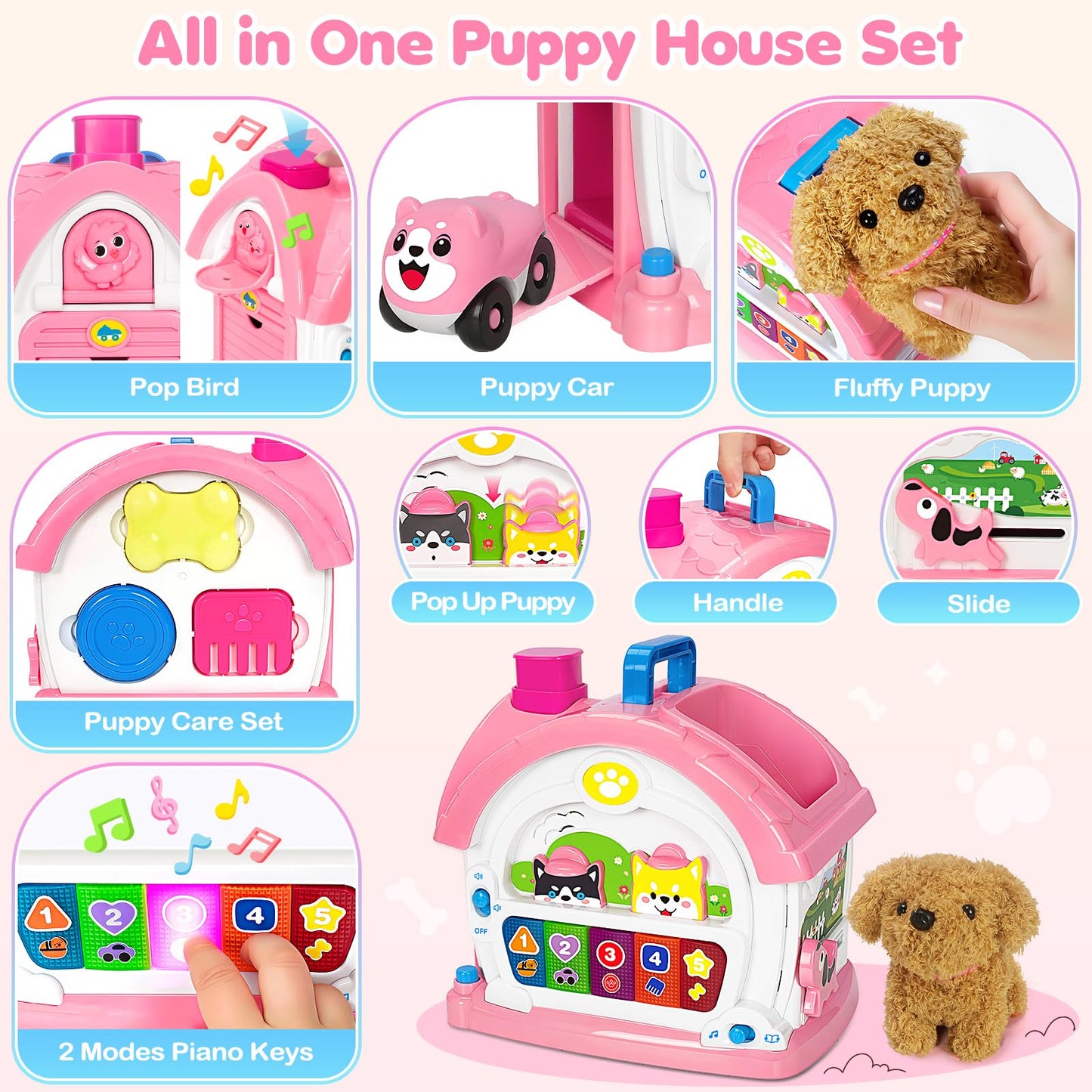 Ellinjan Montessori Toys for 1 2 3 Year Old Girl Gifts, Baby Musical Toys 12 18+ Months, 10 in 1 Bilingual Learning Toy with Sound Light, Cute Toy with Plush Puppy, First Birthday for Toddlers
