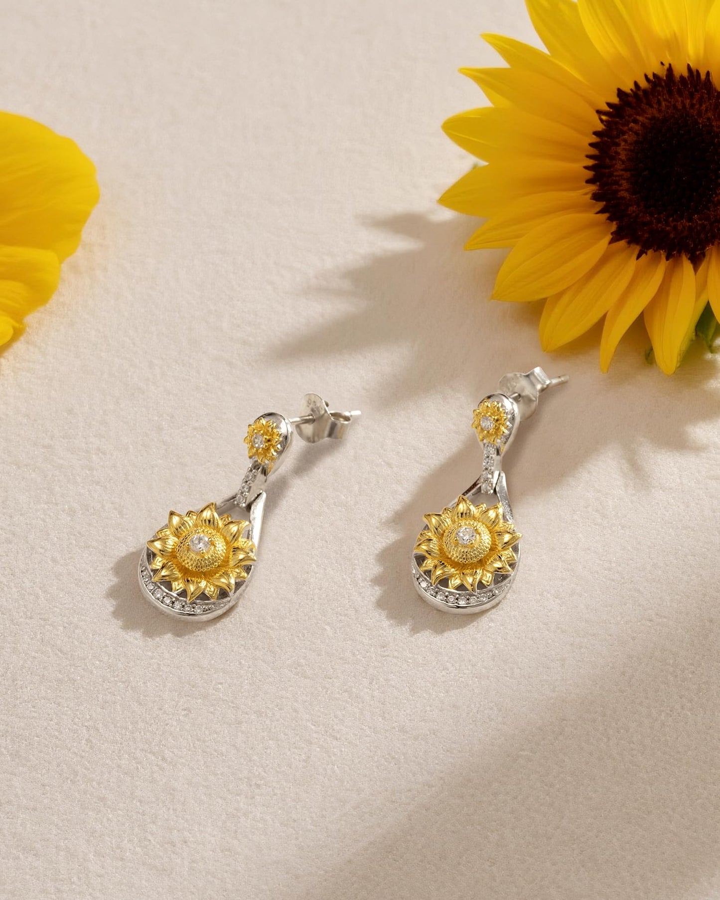 925 Sterling Silver Sunward Sunflower Teardrop Dangle Earrings for Women,Two-Tone (Platinum & 18K Gold Plated) with Cubic Zirconia, Hypoallergenic Floral Jewelry for Mother's Day, Birthday, Anniversary, Christmas Gifting Occasions