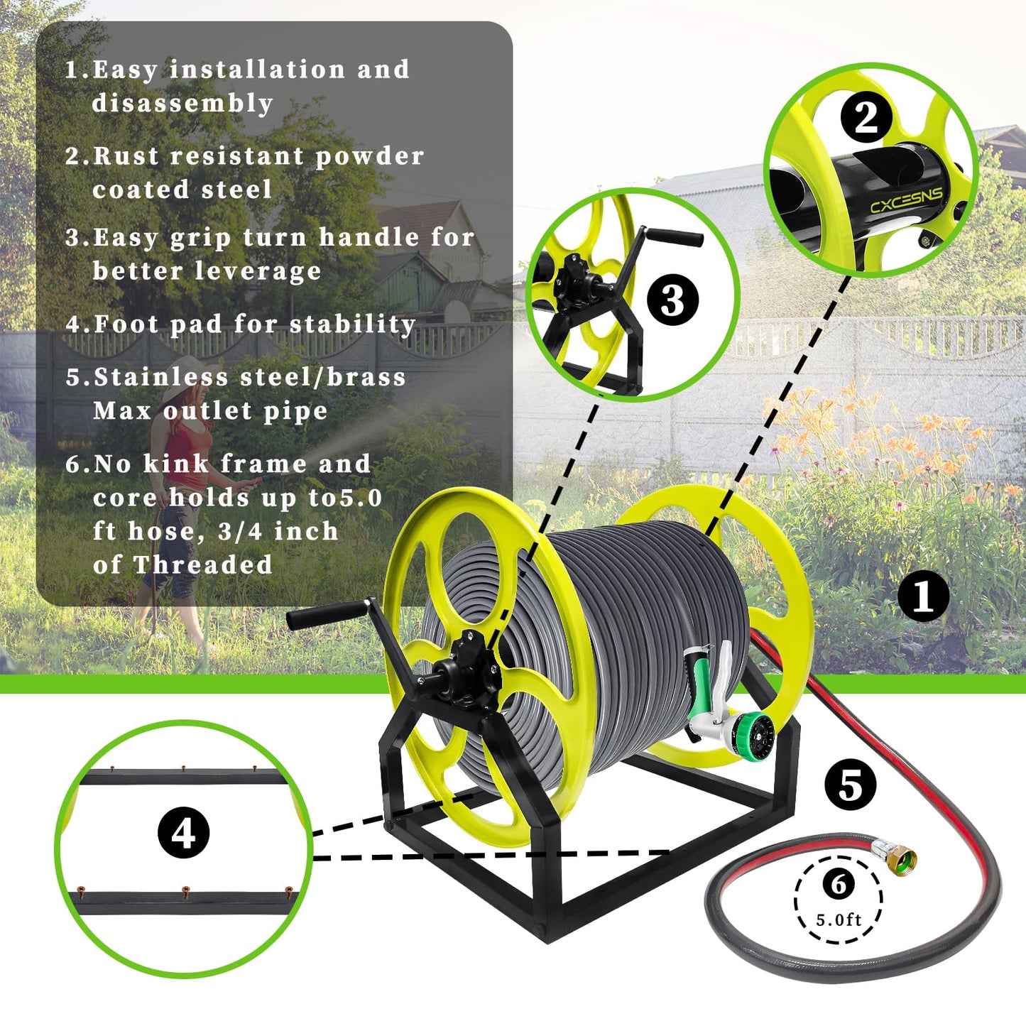 Garden Hose Reel Heavy Duty ，for 5/8" Hose Reel with Crank Handle Retractable, Wall/Floor Mount Metal Hose Reel, Holds up to 400-Feet. (With 5 FT Hose included)