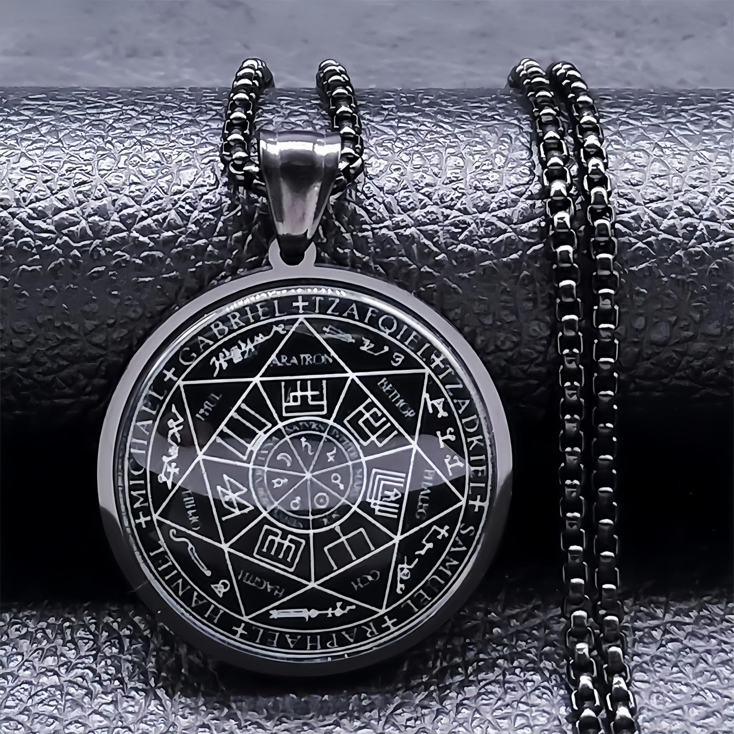 Joddfly Seven Angel Medal Pendant Stainless Steel Glass Solomon Talisman Necklace Guardian Jewelry Men and Women 24 inch Gift Set (black)