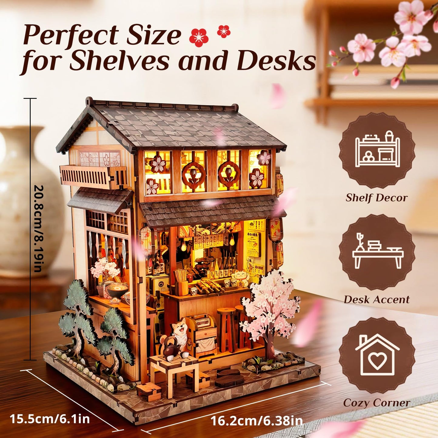 Reenovan Book Nook Kit, DIY Miniature House Kit for Adults & Teens, Japanese Street Shop Scene Bookshelf Insert Decor with LED, 3D Wooden Puzzle Gift for Book Lovers (Sakura Street Shop)
