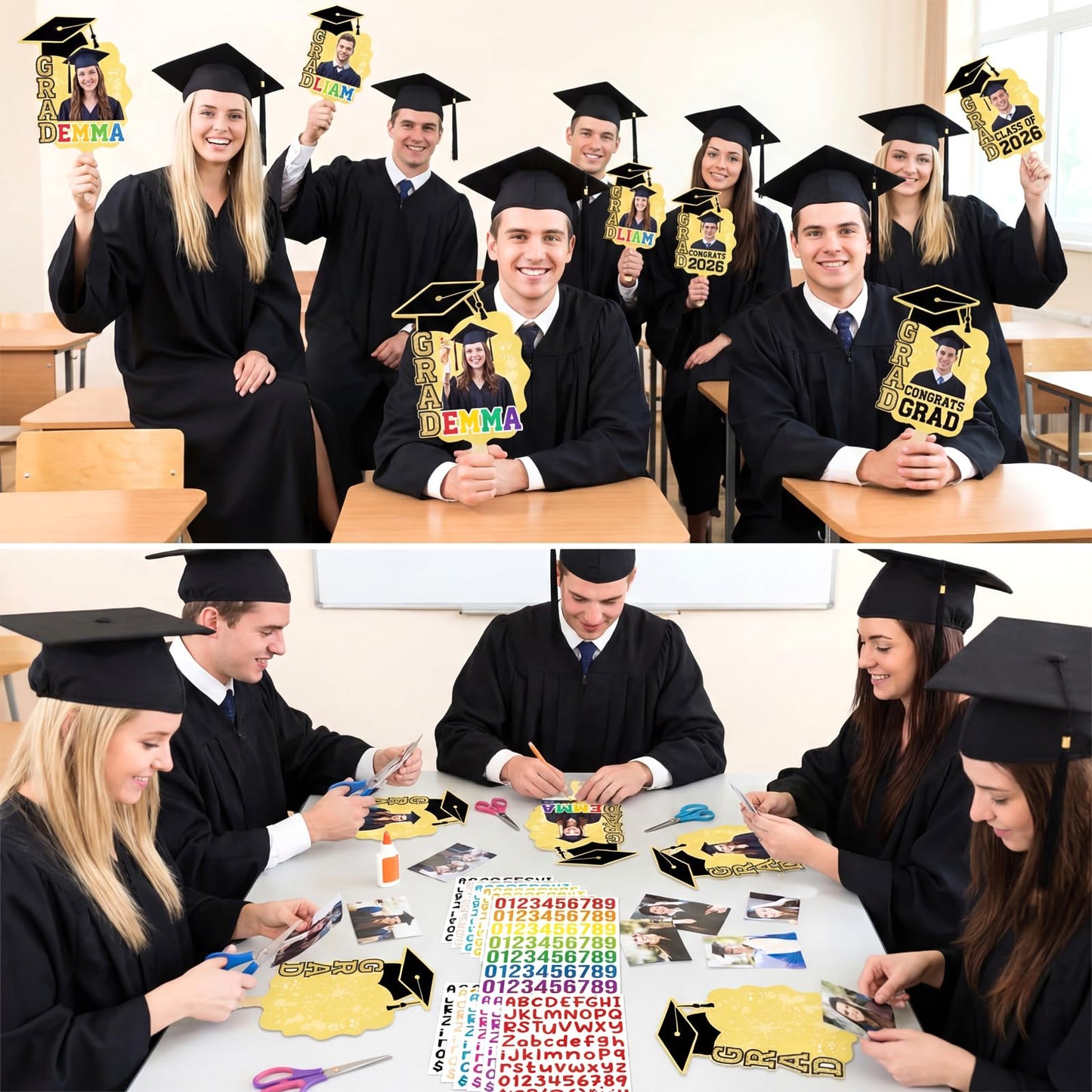 Lemosae 12 Pcs Graduation DIY Paper Fans Handheld Set Grad Face Fans with Number Alphabet Stickers Class of 2026 Grad Photo Props for Graduates Gifts Graduation Party Souvenirs Supplies