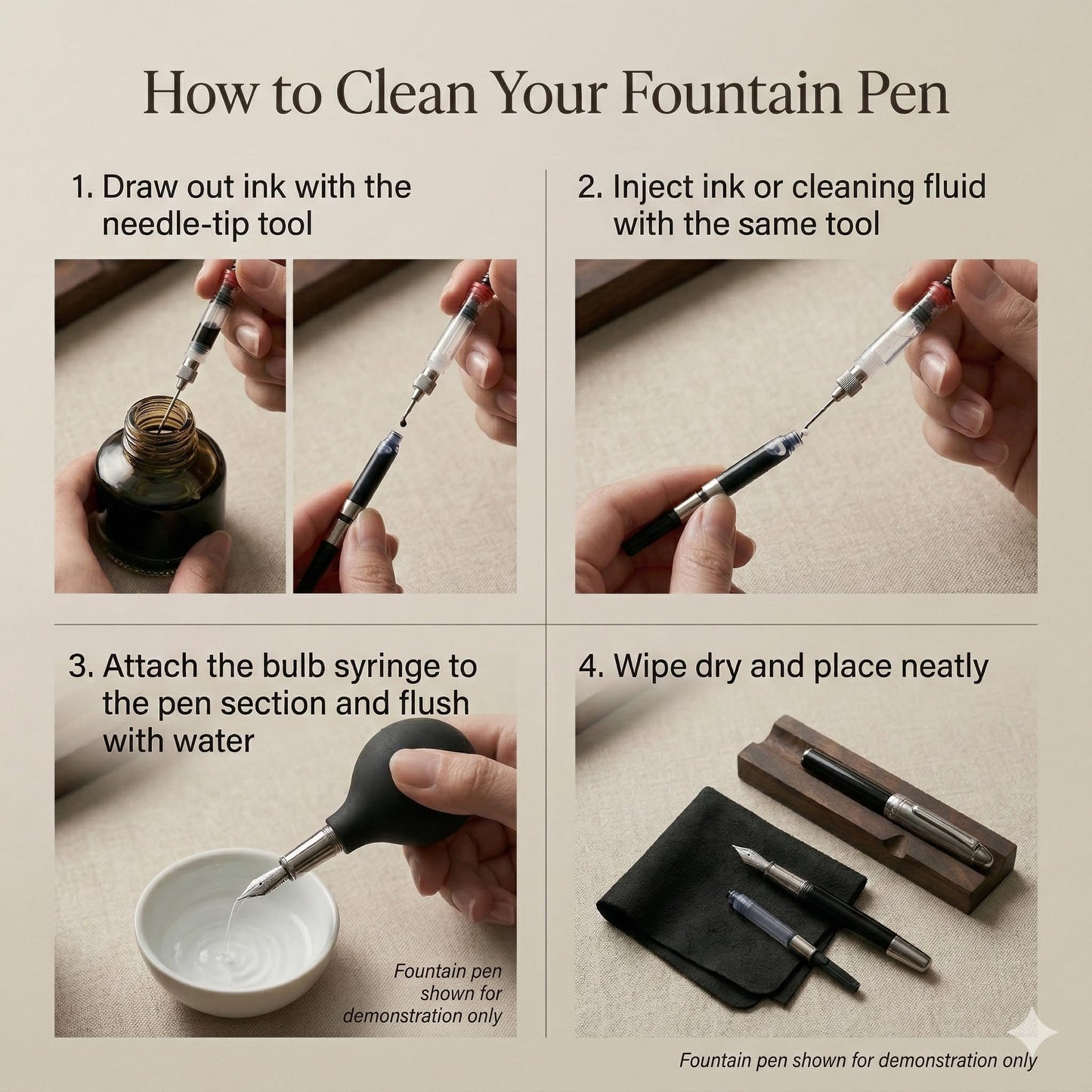 Fountain Pen Cleaning Kit with Black Walnut Pen Rest, 2 Ink Filling Tools, Premium Cleaning Cloth and Rubber Cleaning Bulb, Fountain Pen Maintenance Set for Flushing, Filling and Daily Pen Care