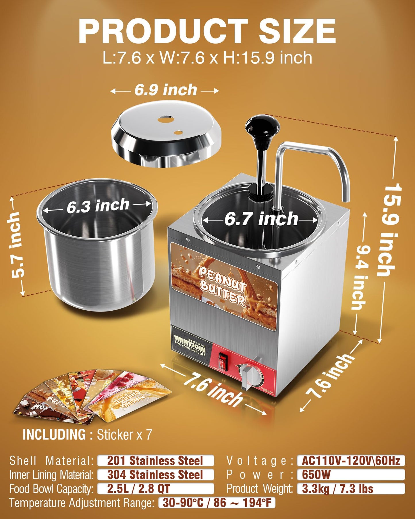 WantJoin Nacho Cheese Dispenser with Pump - 2.8Qt Cheese w/Warmer Stainless Steel Pump Hot Fudge Warmer 86-185°F Temperature Control, Commercial Nacho Cheese Warmer Dispenser for Hot Fudge Caramel