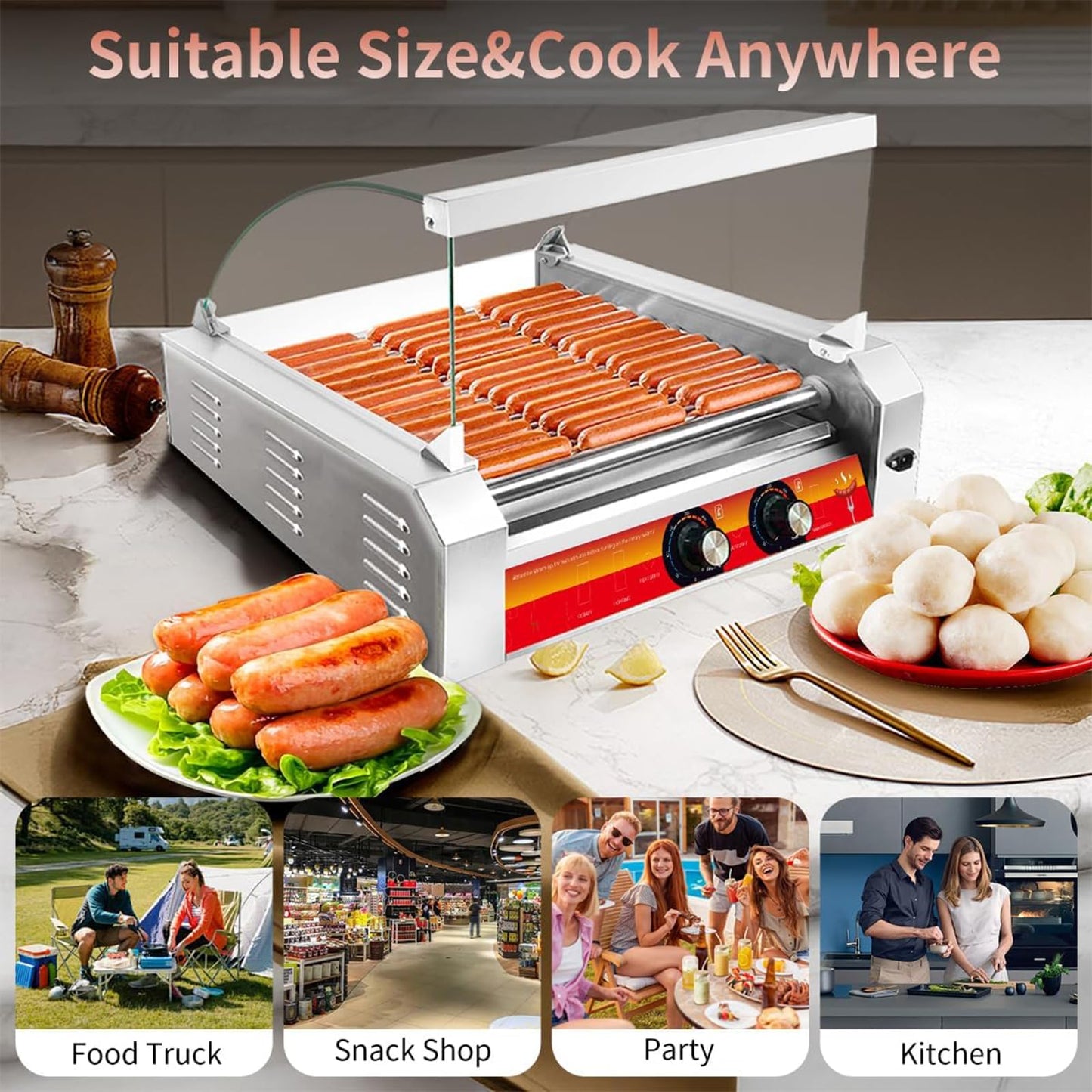 Vexon 1670W 11-Roller Hot Dog Machine，Holds 30 Hot Dogs，Non-Stick & Stainless Steel，for Parties, Events & Food Stalls
