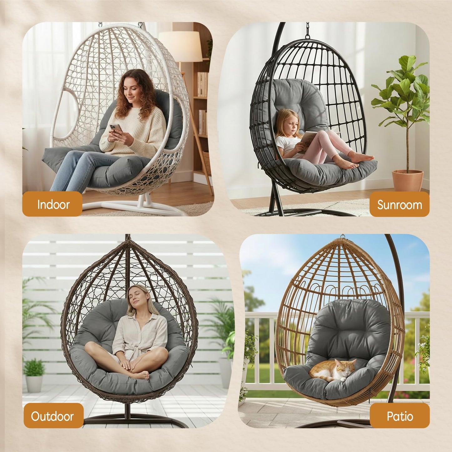 1 MIDDLE ONE Egg Chair Cushion, Indoor Outdoor Hanging Egg Chair Cushions Replacement, Memory Foam Patio Wicker Basket Swing Chair Cushion (Grey, 47 x 33 inch)