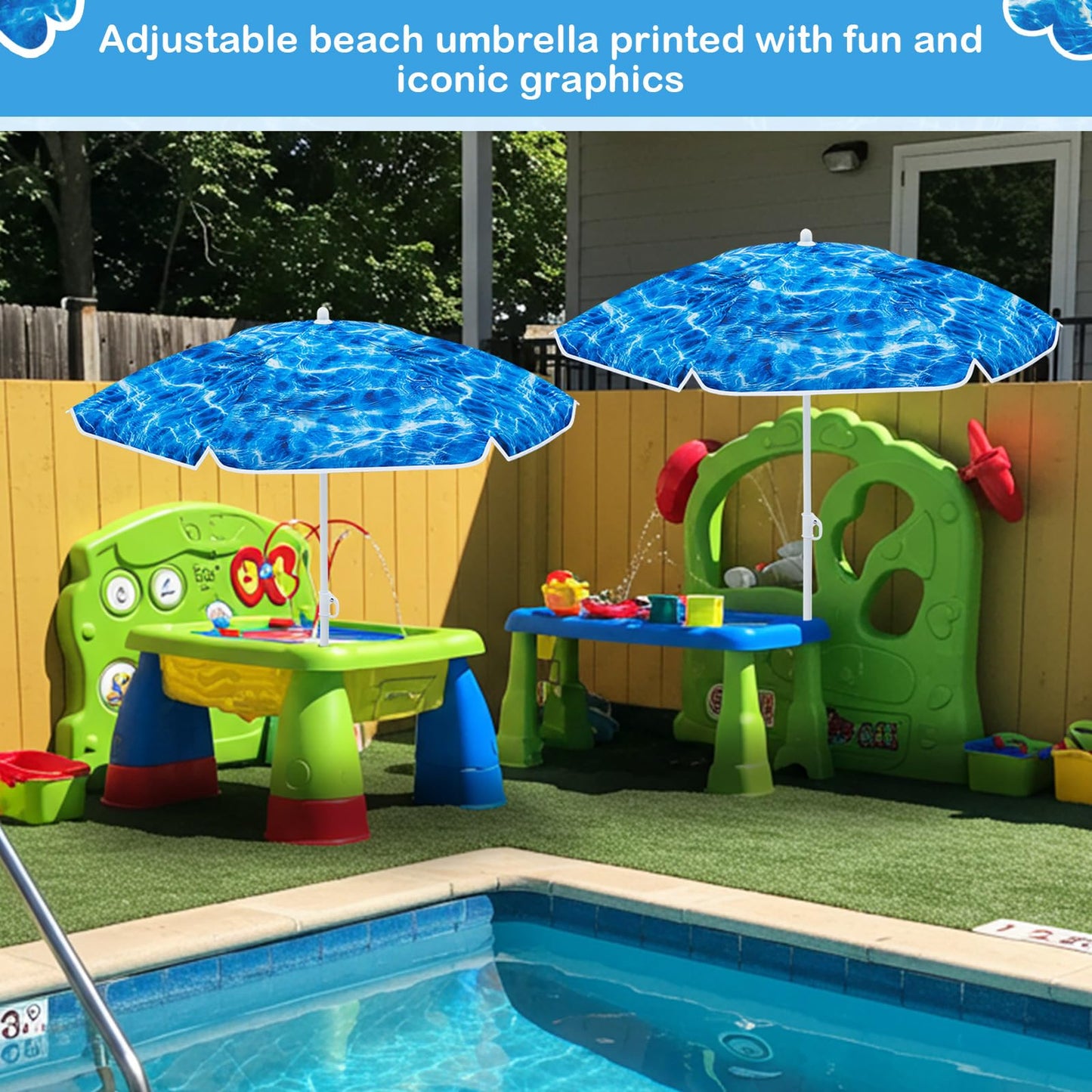 Sweetude Water Table Umbrella (Table Not Included), Kids Seaside Beach Umbrella Picnic Canopy for Summer Toddlers Sand Beach Camping Garden Outdoor Pool Shade Party Supply(Ocean Wave Theme)