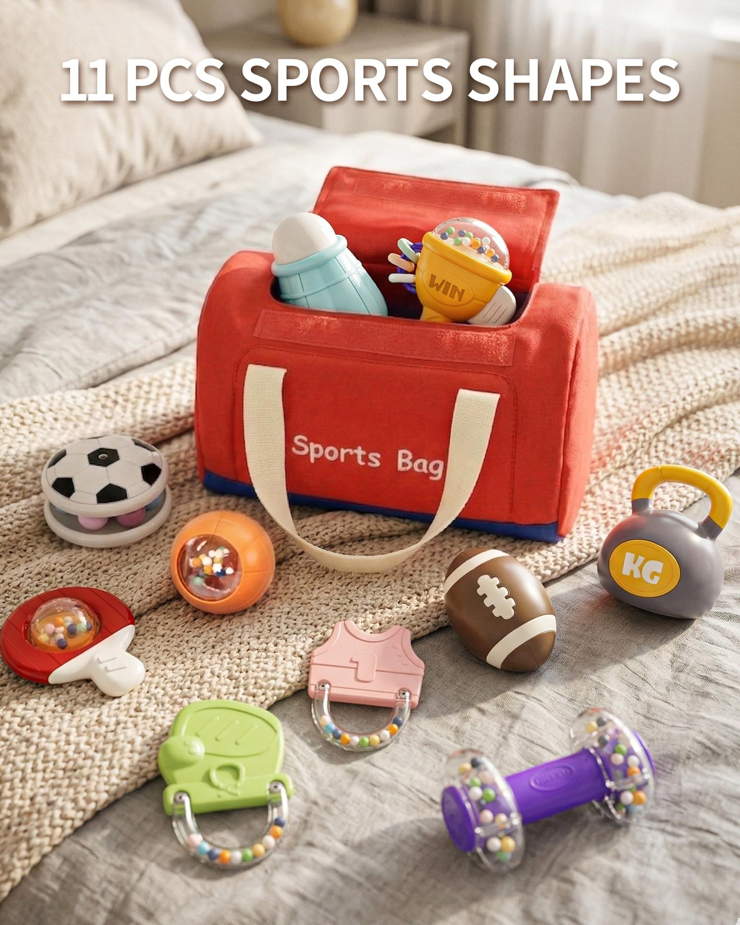 Jovow 11-Piece Sports Baby Rattles & Teether Toys with Soft Gym Bag, Infant Sensory Grasping Shakers, Early Development Set for Newborns 0-6 6-12 Months