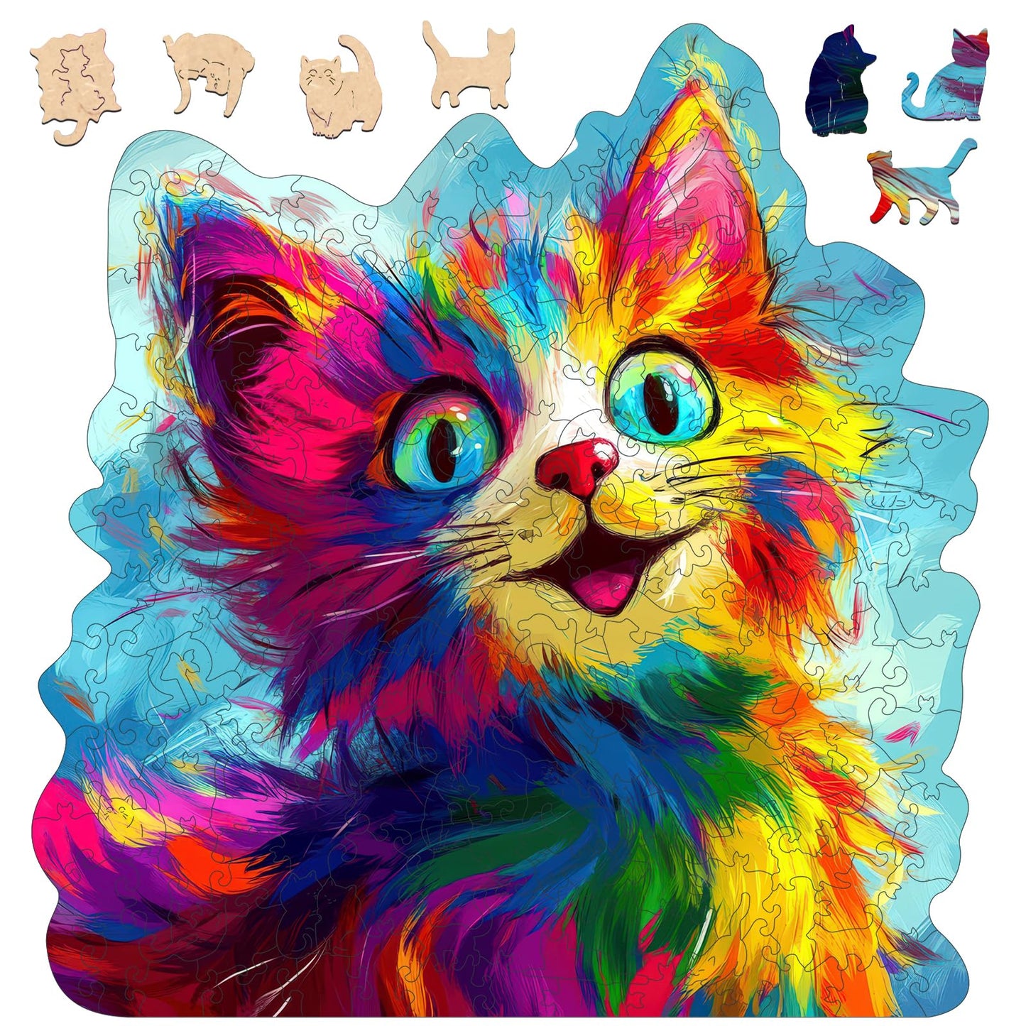 Bovearto 200 Piece Wooden Jigsaw Puzzles for Adults, Cat Puzzles with Unique Animal Shapes, Brain Teaser for Kids Ages 8+, Comes with Storage Box & Puzzle Gift Box, Bold Color Art (11" x 11.4")