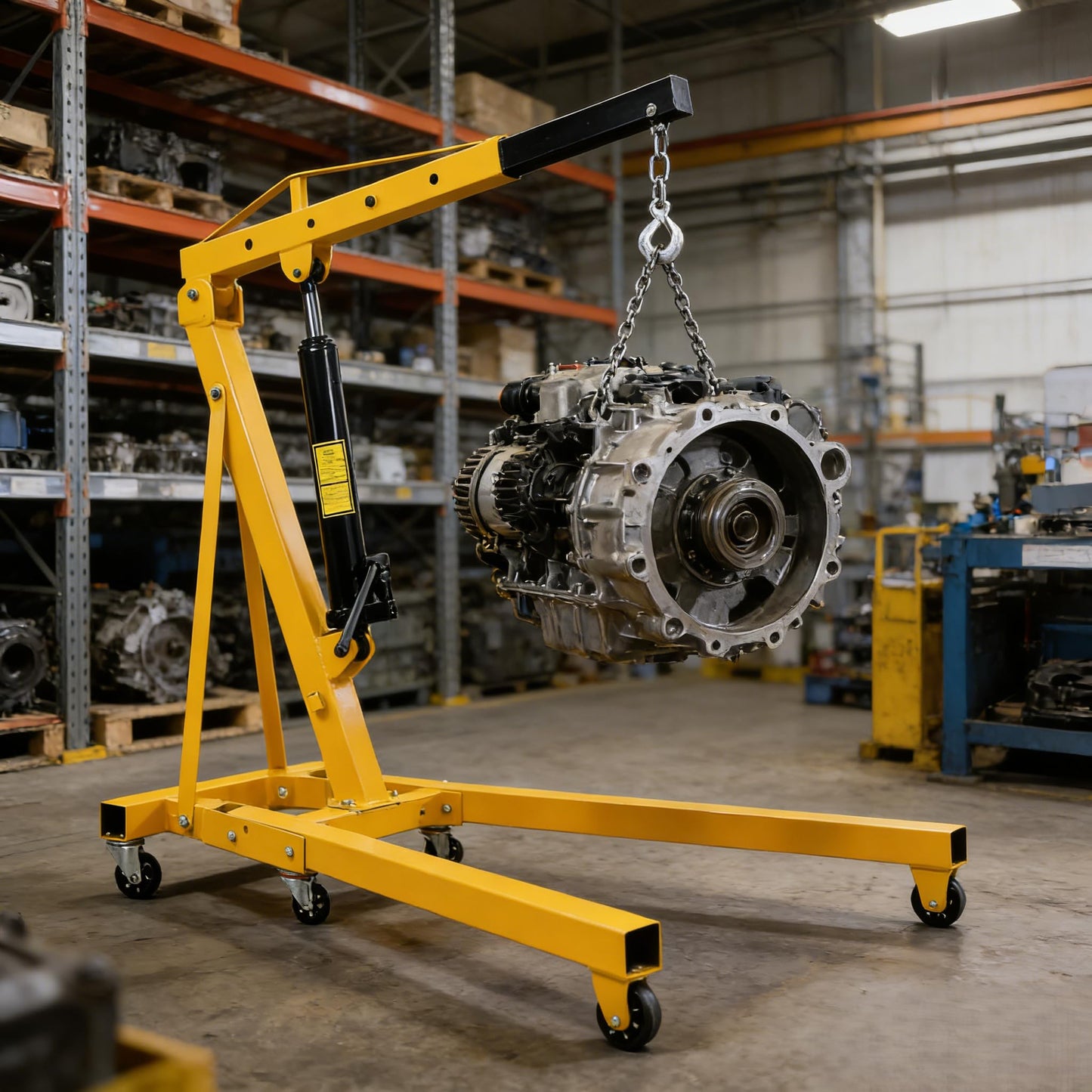 2 Ton Hydraulic Engine Hoist, 4400LBS Heavy Duty Cherry Picker Engine Hoist Lift with 6 Casters, Folding Crane Lifter with Telescopic Boom, for Workshop, Warehouse, Yellow