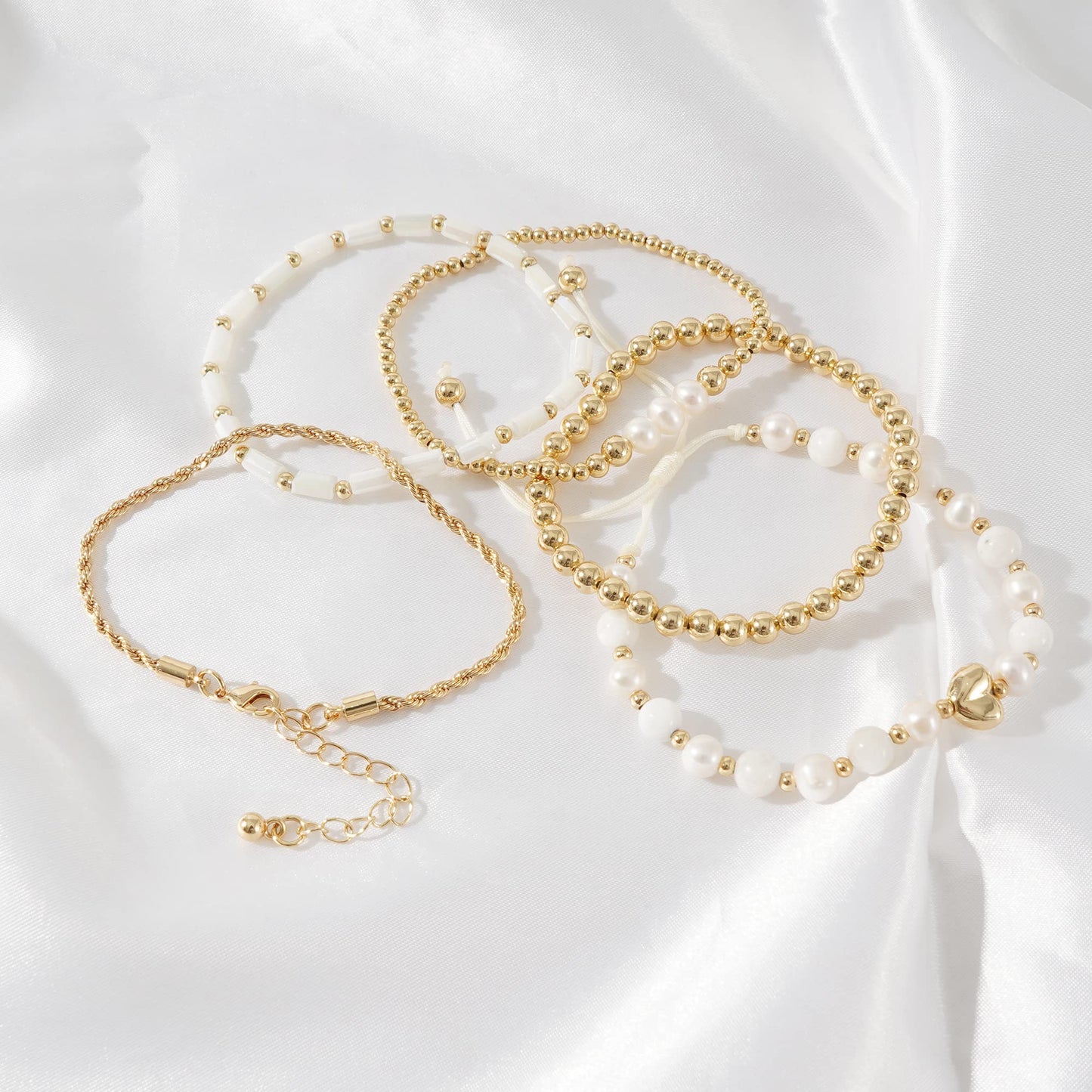 GOOJIDS Tiny Pearl Gold Plated Heart Beaded Bracelets For Women Dainty Gold Plated Pearls Stack Layered Beads Bracelet set for MAMA Birthday