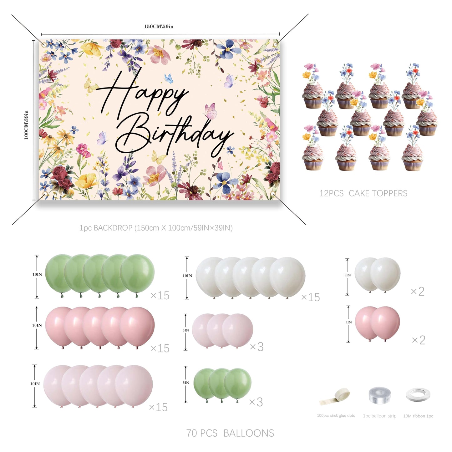 Wildflower Birthday Decorations for Women Girls, Sage Green Dusty Pink Balloon Arch Garland Kit with Floral Happy Birthday Backdrop, 12 Cupcake Toppers, Boho Spring Garden Party Supplies
