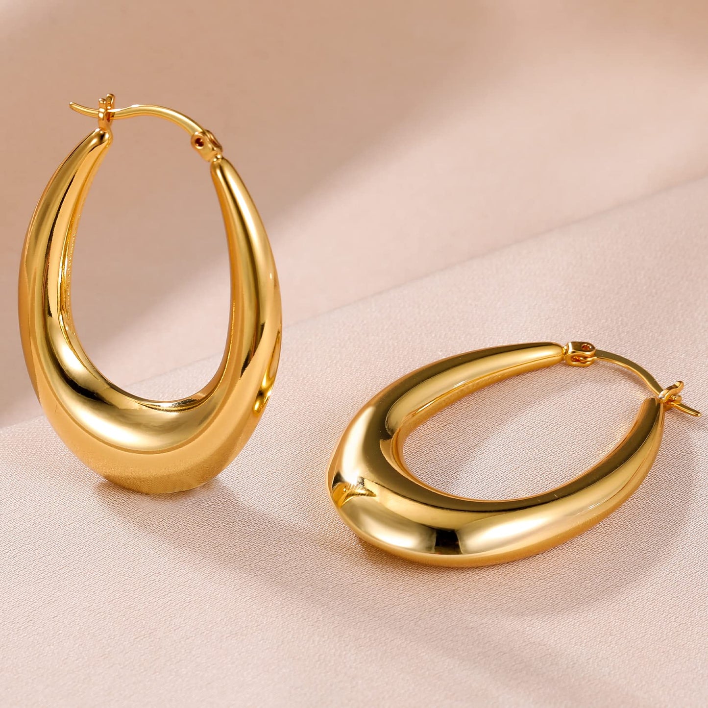 PABBEU Chunky Gold Hoop Earrings for Women, Lightweight 14k Golden Plated Hoops Earrings, Hypoallergenic 925 Oval Golds Hoops Earrings, Thick Gold Hoop Earrings for Women Gifts (40mm)