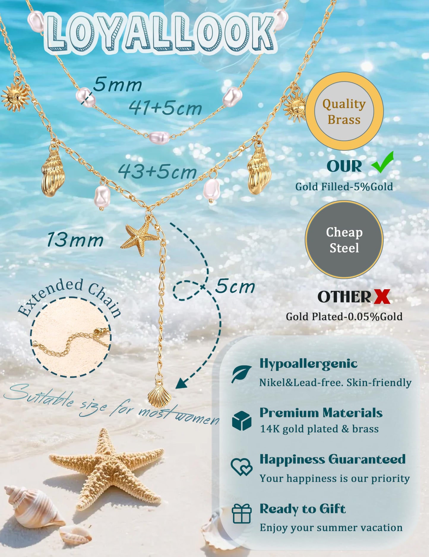 LOYALLOOK Shell Starfish Necklace for Women, 14k Gold Plated Dainty Layered SeaShell Conch Starfish Pearl Charm Necklace Stack, Non Tarnish Waterproof Gold Beach Accessories for Summer Vacation 2pcs