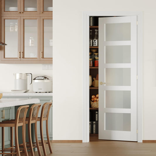 Lakenyon 36" x 80" Prehung Door, 5-Lite Frosted Glass Pantry Doors, Prehung Interior Door, Right-Handed, White MDF with Door Jamb & Hardware Kit