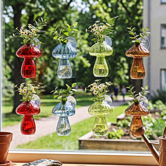 LemonRoad 8 Pcs Mushroom Window Propagation Stations with Suction Cups Cute Glass Wall Hanging Planter Holder Flower Vases Hydroponic Bud Terrarium Jar for Indoor Window Living Room Home Office Decor