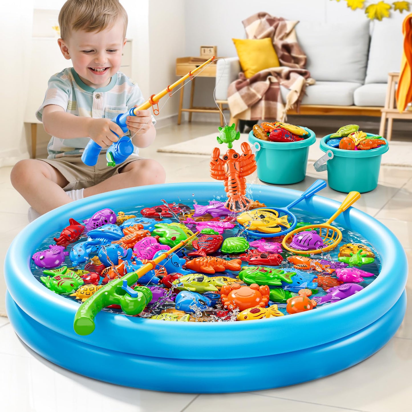 JUKUDAHU Magnet Fishing Toys Game for Kids 3-5 - Floating Fish Toys with Inflatable Kiddie Pool, Bath for Toddlers, Pole Rod Net, Outdoor Party for Boys Girls Kids Age 3 4 5 6 7 8 Year Old