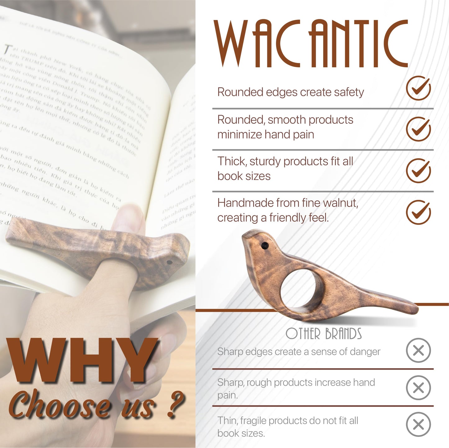 Walnut Bird Book Page Holder, Smooth Finish Wood Book Holder for Reading, Ideal Book Reader Gifts, Book Worm Gifts for Women, Thumb Book Page Holder - For Book Lovers & Literary Gifts (Large)