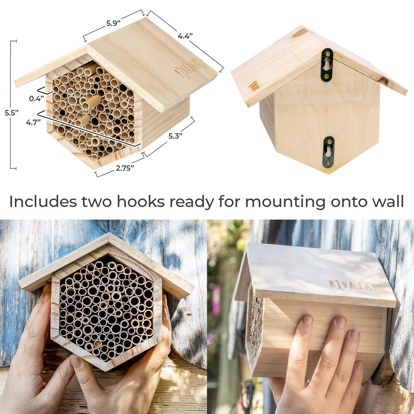 Rivajam Mason Bee House Wax Coated Nesting Bee Box | Refillable Phragmite Reed Mason Bee Tubes Filled Pollinator House | Mason Bee Houses for the Garden