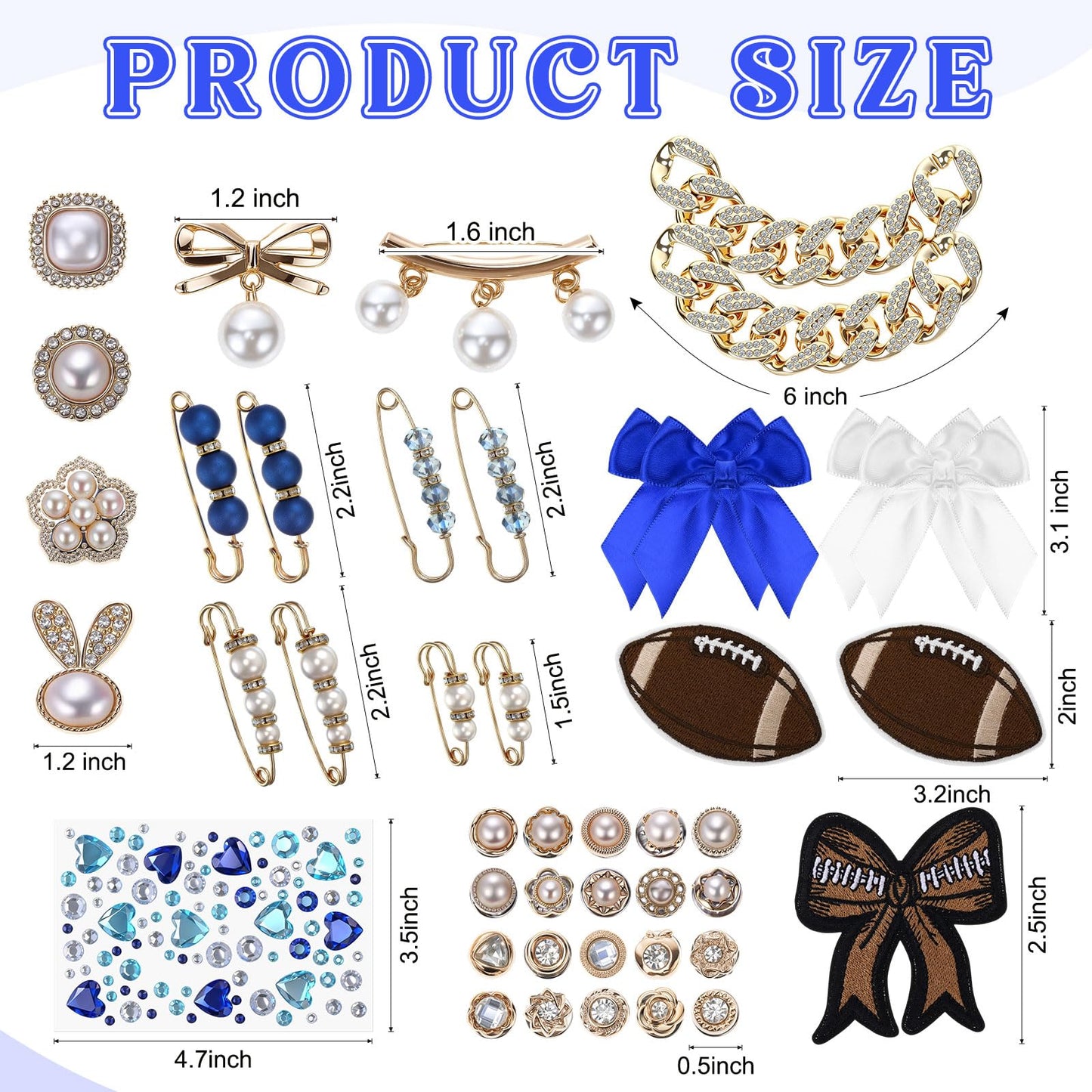 Norme 45 Pcs Game Day Football Junk Socks Charms Kit Brooches and Pins for Women Football Sports Jewelry for Socks Shoe Charms with Bows Sneakers DIY Kit with Pearls (Blue,Stylish Style)