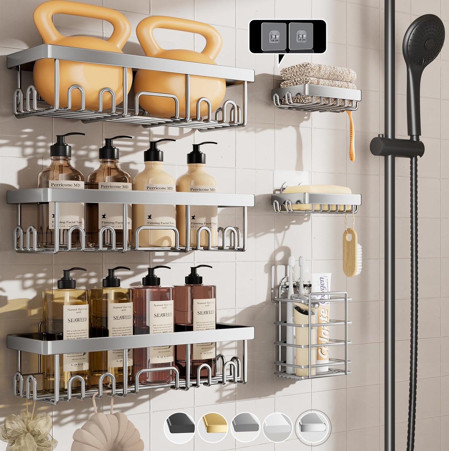 Veken Stainless Steel Shower Caddy 6-Pack, No Drilling & Rustproof, Waterproof Adhesive Shelves Rack with Soap Holder, Large Capacity Bathroom Organizers and Storage, Wall-Mounted Kitchen & Home Decor