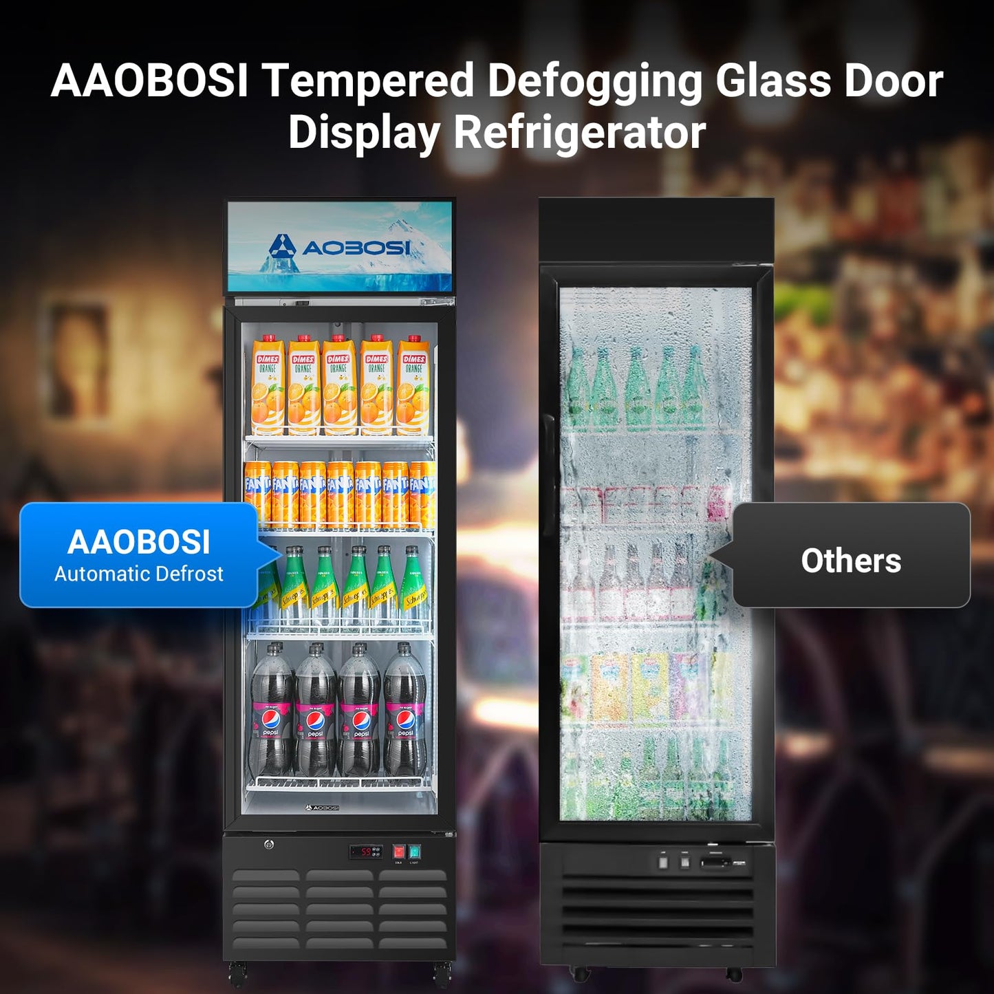 AAOBOSI Commercial Merchandiser Refrigerator,12.29 Cu.Ft Glass Door Display Refrigerator,Upright Beverage Fridge with Soft LED Light,Customizable Lightbox,Universal Casters, Adjustable Shelves