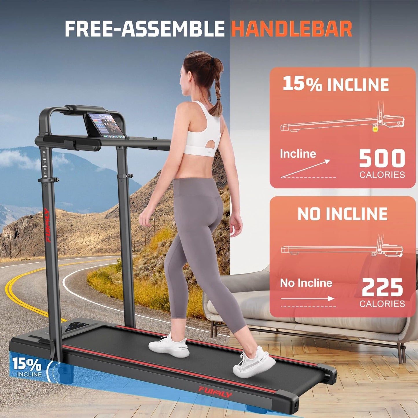 Walking Pad Treadmill with Removable Desk Workstation, 15% Incline Treadmill with Handle Bar, Foldable Treadmills Under Desk, Adjustable Height, 400 lbs+ Capacity, Walking or Running for Home Office