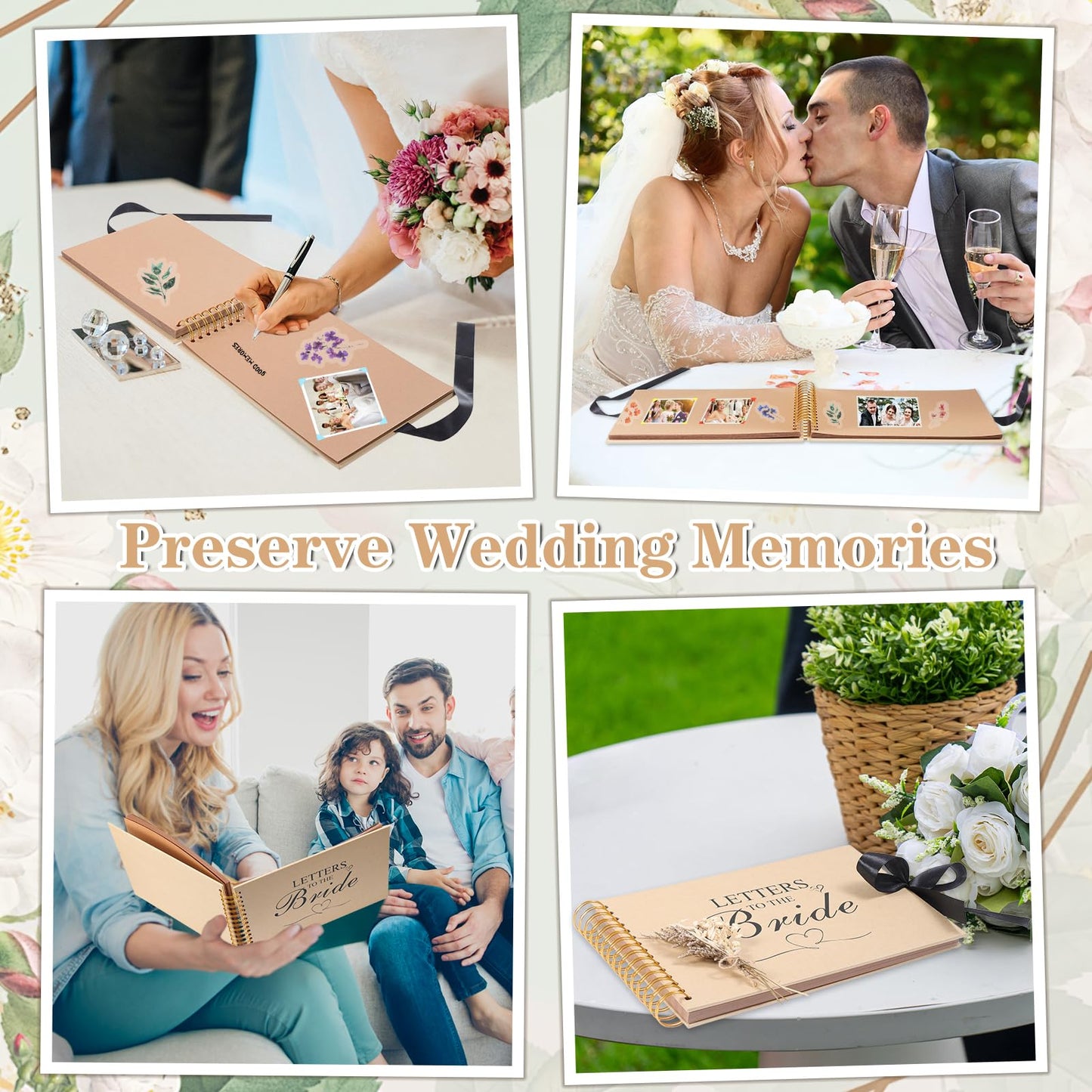 12.6 x 8.3 Inch Letters to The Bride Scrapbook Wedding Memory Book Photo Album Kit with Pens Tapes Flower and Stickers 40 Pages Bridal DIY Blank Paper Scrapbook Hardcover for Lover Friend Kid Wedding