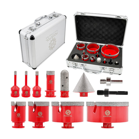 Diamond Core Drill Bit Set - FOCSTOL 12pcs Diamond Hole Saw Kit for Porcelain Tile Ceramic Marble Granite (6/6/8/20/35/50/75/100mm+20mm Finger Milling Bit+50mm Beveling Chamfer Bit+Hex+SDS)