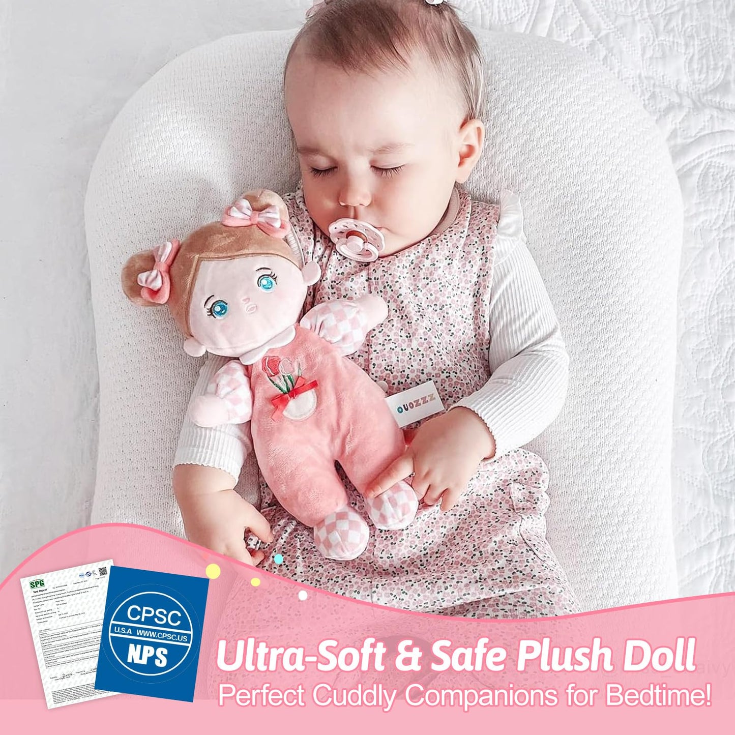 OUOZZZ Baby Doll Accessories with Soft Doll, Bassinet, Blanket and Bottle, Interactive Pretend Playset for Social Emotional Learning, Toy for 2 Year Old Girls