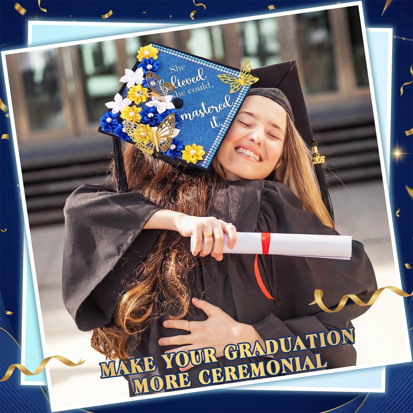Dunzoom 36 Pcs DIY Graduation Cap Decorations Accessory Kit Artificial Flowers Inspirational Cardstock 3D Butterfly Stickers Rhinestone Stickers for DIY Hat Grad Cap Topper Graduation Party(Blue)