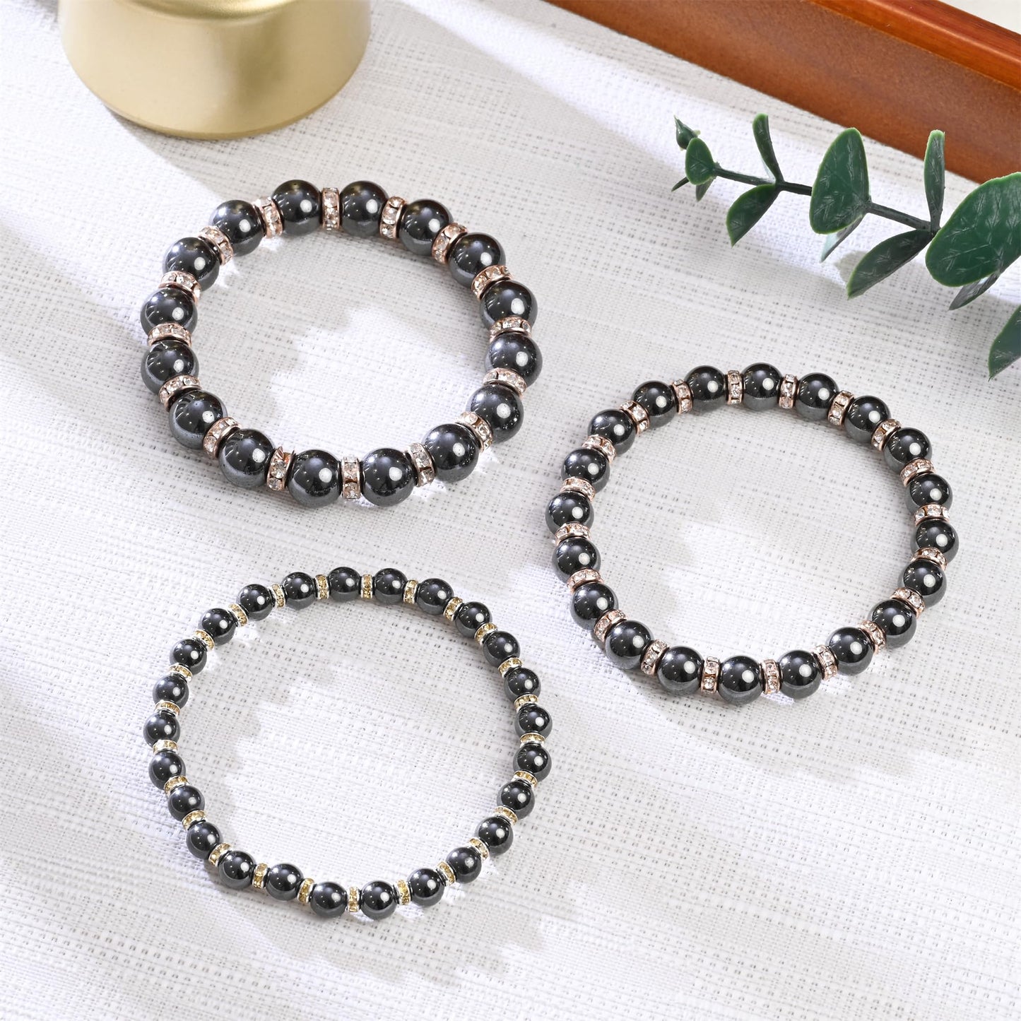 Apocalyptic-K Women's Magnetic Bracelet，Hematite Bracelets，Magnetic Bracelets With Zirconia,Handmade Stretch Bracelet，Eliminates static electricity. (Rose Gold Zirconia,10MM)