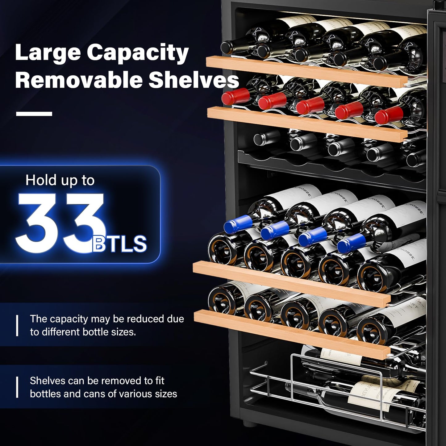 Bonnlo 33 Bottle Dual Zone Wine Cooler Refrigerator, 41°F-64°F Freestanding Compressor Wine Chiller, Beverage Wine Fridge with Digital Temp Control & Glass Door for Red White Wine, Champagne, Beer