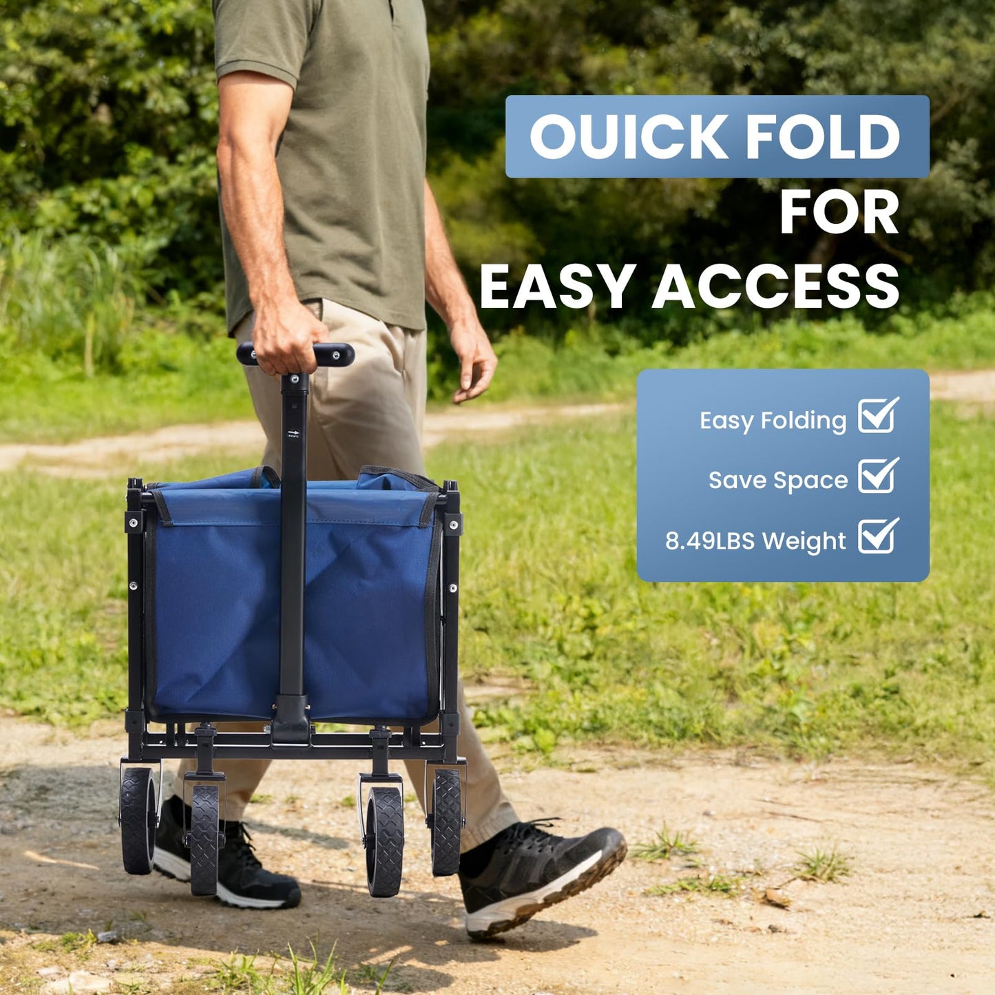 DUMOS Collapsible Wagon with Wheels, 176 lbs Wagons Carts Foldable Wagon Cart with Flexible Handle, Lightweight Portable Folding Utility Grocery Shopping Cart for Grocery Sports Garden Camping - Blue