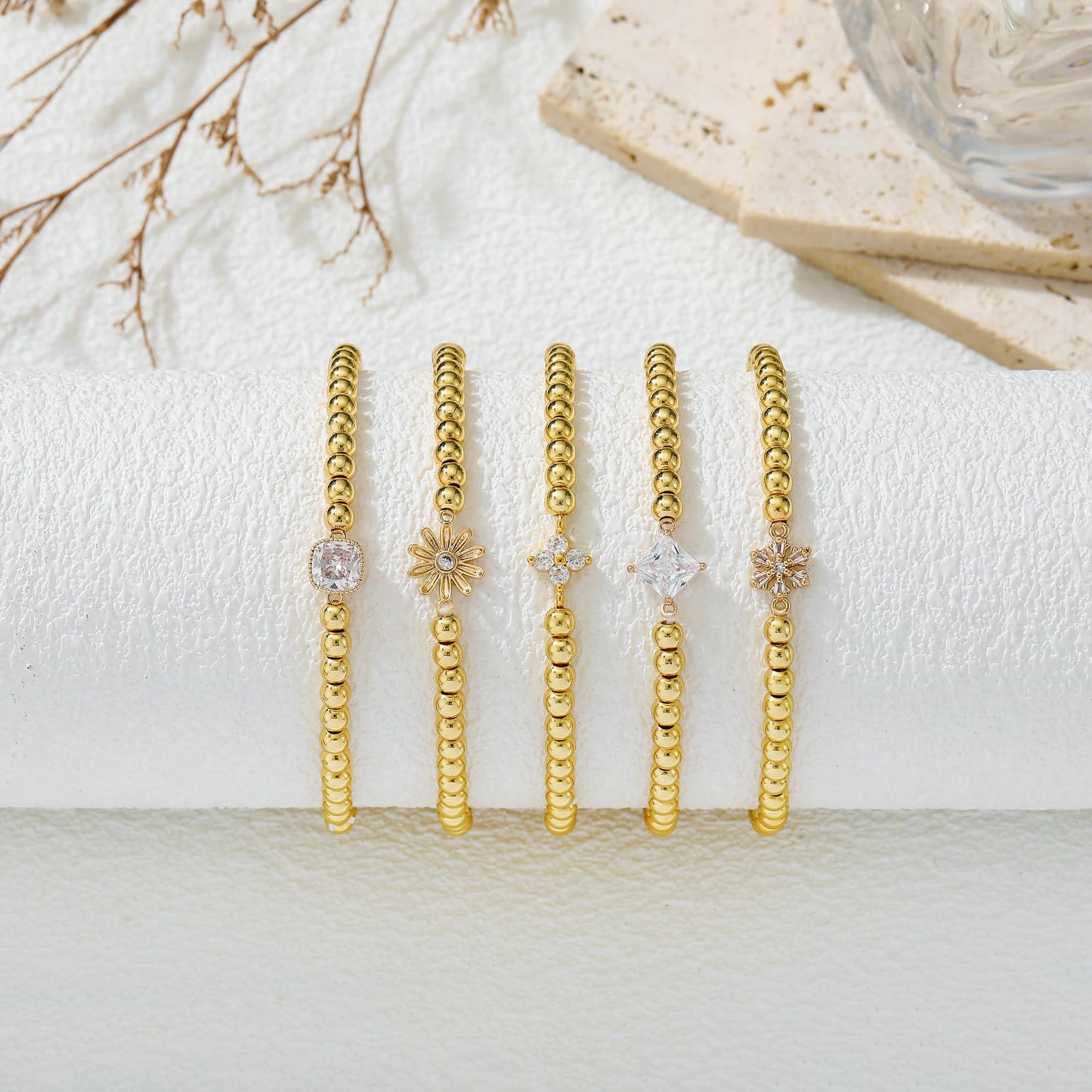 HZDK Beaded Bracelets for Women - 14K Gold Plated Dainty Beaded Bracelets for Women Stackable Charm Bracelet Trend Jewelry Stretch Bead Bracelet Gifts