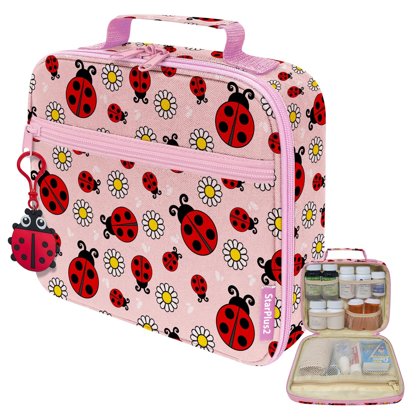 StarPlus2 Medium Travel Pill Bottle Organizer, Child Medicine Bag with Zipper Toy, Carrier for Kids Medications and Medical Supplies - Lady Bugs