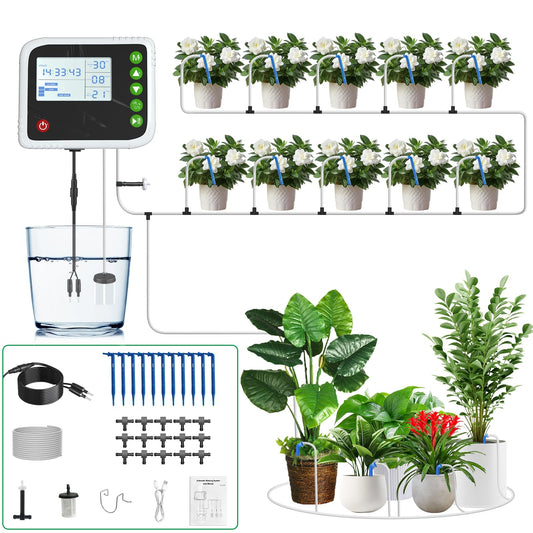 SoulBay Automatic Plant Waterer Indoor, USB Rechargeable Drip Irrigation Kit for up to 15 Potted Plants, Programmable Self Watering System with Digital Timer for Vacation & Houseplant Care