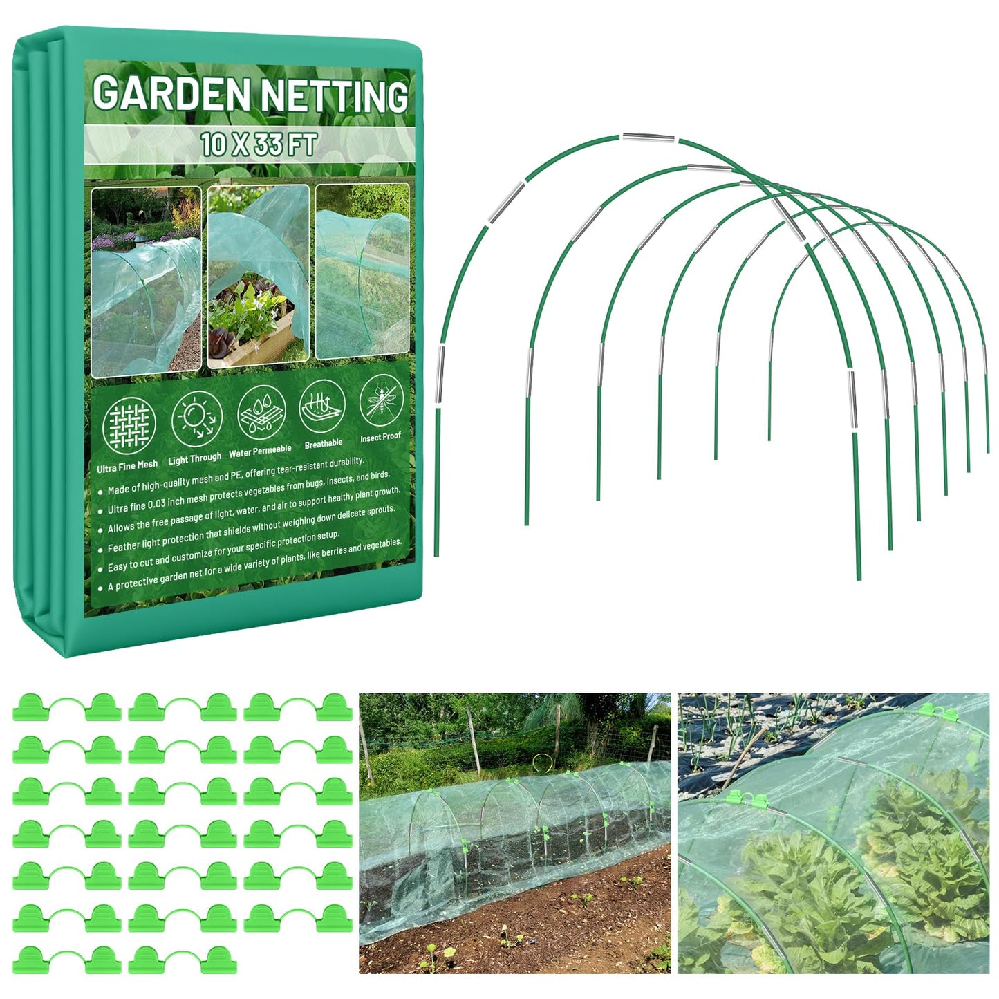 Sunwinx Garden Mesh Netting Kit for Raised Beds, 10x33FT Ultra Fine Mesh Netting& 6 Sets 8FT Fiberglass Garden Hoops, Insect Netting Row Cover, Pest Barrier Protection for Vegetable Fruits Flowers