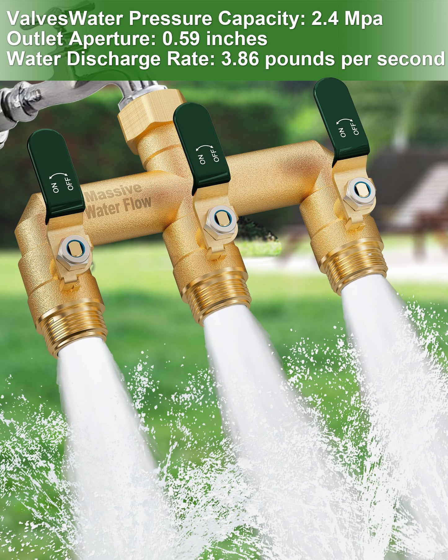 LNEZCDB 3 Way Hose Splitter, Heavy Duty Full Flow Garden Water Hose Bib Spigot Splitter, Brass Rust and Freeze Resistant Outdoor Faucet Splitter, T Adapter Connector with 3/4 - Inch GHT Thread （Green）