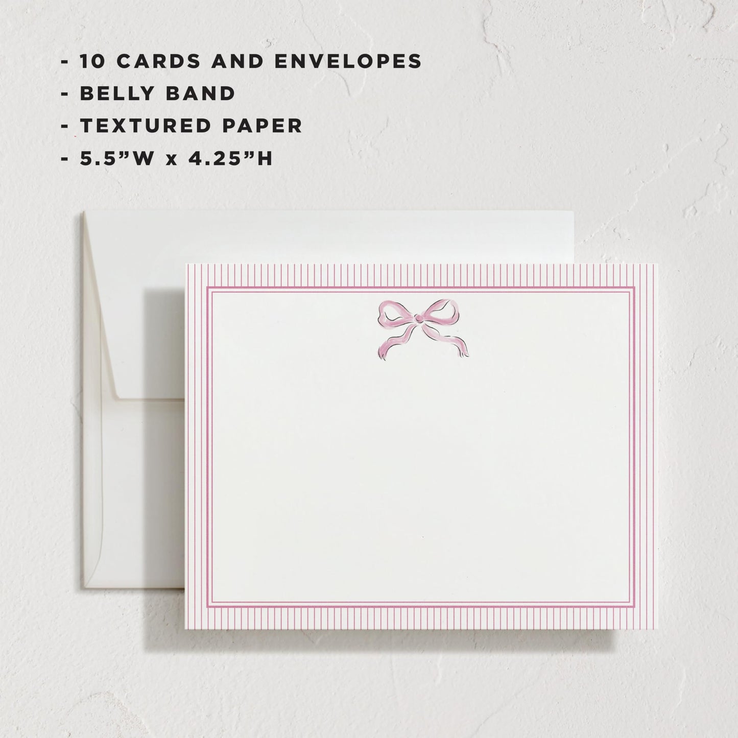 Minted Pink Bow Stationery Set, Set of 10, Flat Note Cards & Envelopes for Invitiations and Handwritten Thank You Messages, Pink Ribbon with Striped Back, Gifts for Women, Luxurious Paper